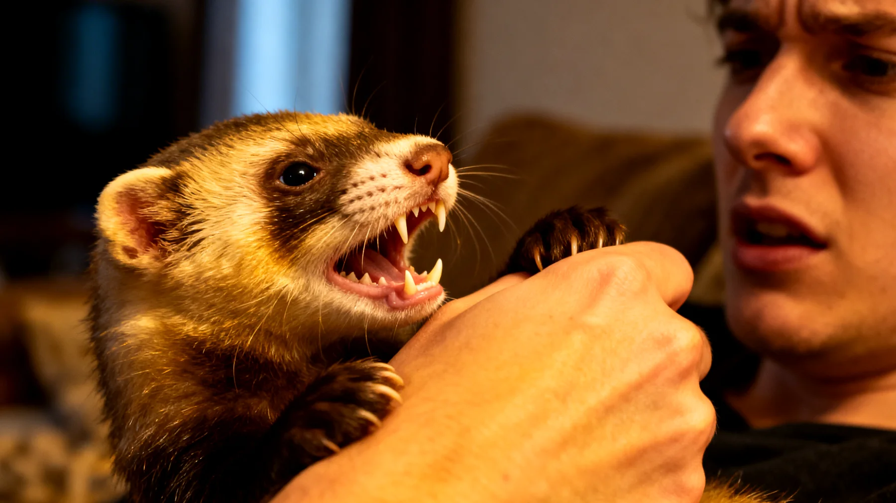 Frettchenwelpen beißen häufig während der Spielphase zu stark, da sie noch nicht gelernt haben, ihre Beißkraft zu kontrollieren, was das Training erschwert und zu Verletzungen führen kann"