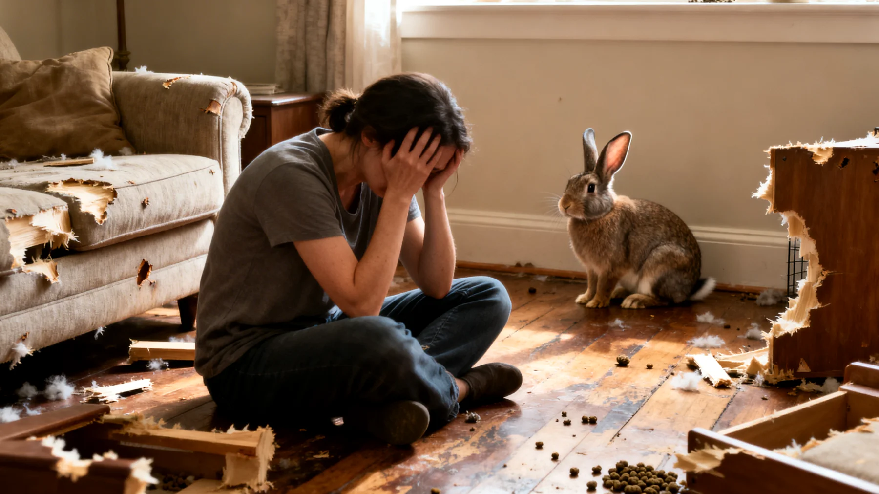 Erwachsene Kaninchen zeigen oft Verhaltensprobleme wie übermäßiges Nagen an Möbeln, aggressives Territorialverhalten oder mangelnde Stubenreinheit, die durch fehlende mentale Stimulation und unzureichende Verhaltenserziehung entstehen"