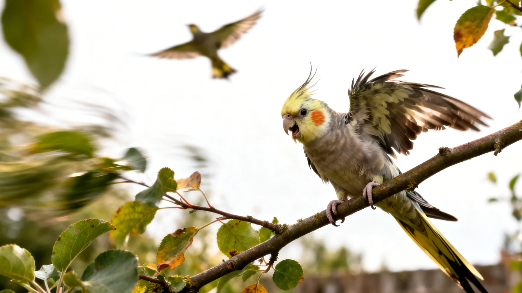 Nymphensittiche zeigen in Gartenumgebungen oft Angst- und Stressverhalten aufgrund ungewohnter Außenreize wie Windgeräusche, fremde Vögel oder plötzliche Bewegungen, was zu Panikflügen und Verletzungsgefahr führen kann"